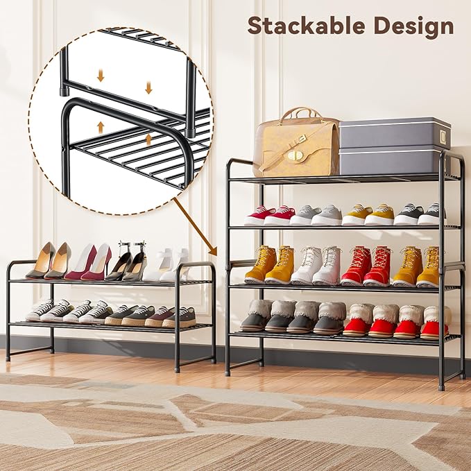 2 Tier Shoe Rack, Shoe Organizer Sturdy Metal for Entryway, Garage, Shoe Shelf Stand for Small Space, Stackable, Black