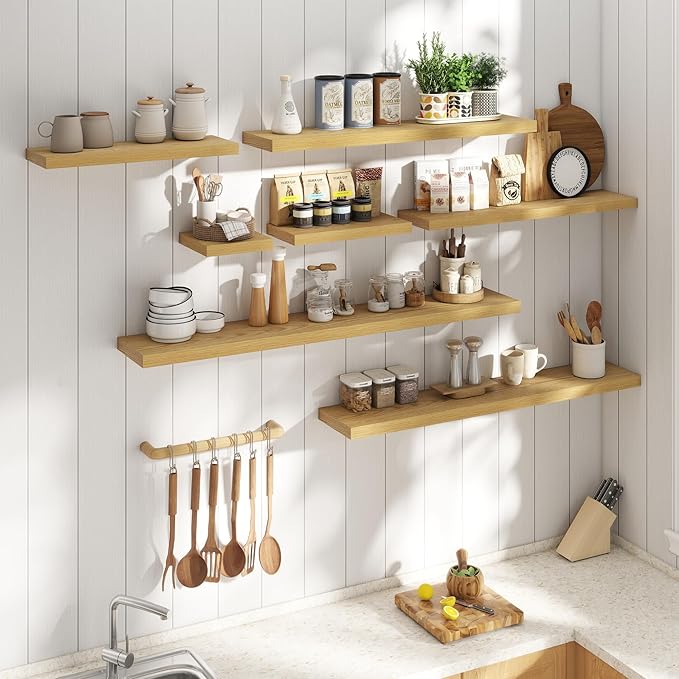 16 Inch Floating Shelves for Wall Set of 2, 8"D Wood Grain Bathroom Shelves with Invisible Brackets, Easy Install Engineered 