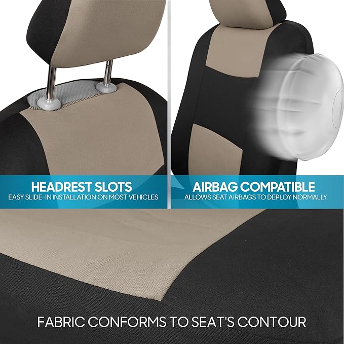 BDK PolyPro Car Seat Covers Full Set in Light Beige on Black, Front and Rear Split Bench Seat Covers for Cars, Easy to Instal