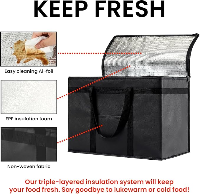 NZ home Insulated Bags for Food Delivery (XL Plus) Grocery Shopping Cooler Bag, Pizza Delivery, Hot & Cold Catering Tote, Reusable, Foldable & Heavy Duty (2 Pack, Red)