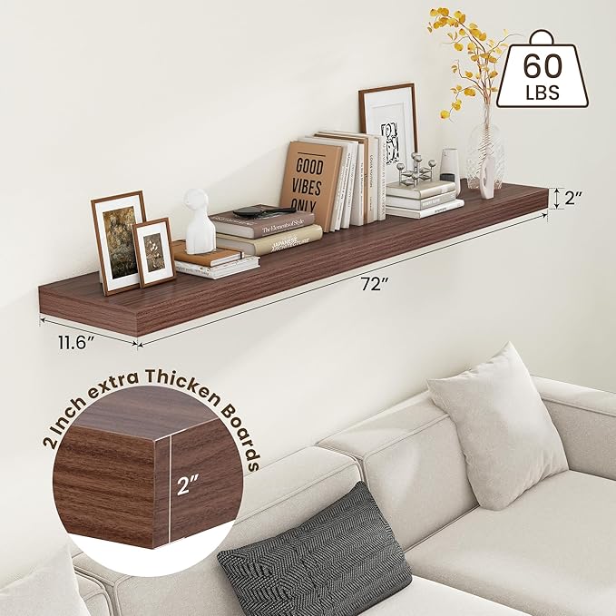 72 Inch Walnut Floating Shelf | 12 Inch Deep Floating Shelves Set of 1 | 72" D x 12" D Rustic Wood Shelves for Wall | Deep Wa