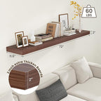72 Inch Walnut Floating Shelf | 12 Inch Deep Floating Shelves Set of 1 | 72" D x 12" D Rustic Wood Shelves for Wall | Deep Wa