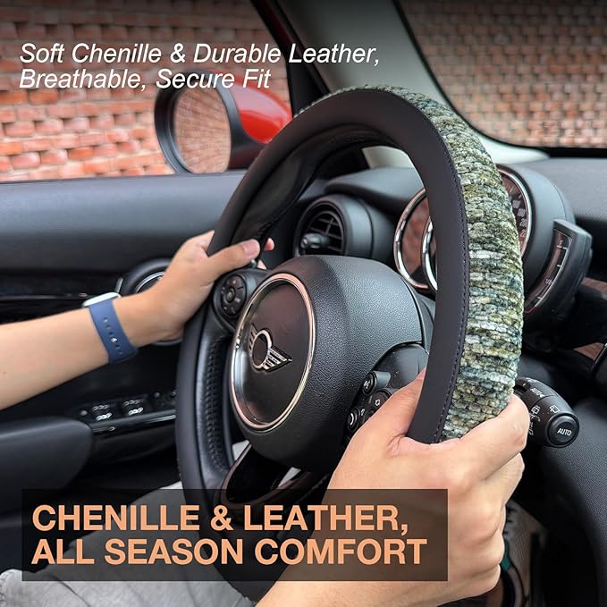 PINCTROT Chenille Leather Steering Wheel Cover, Soft Mottled Colors, Sweat-Proof, Non-Slip Grip, All-Season Comfort, Universa