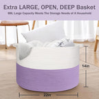MEGASKET Large Purple Rope Storage Basket, 22x14 Inches Wicker Woven Baskets for Storage, Baby Laundry Hamper, Towel Blanket 