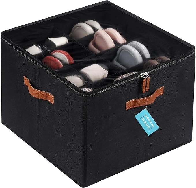 OrganiHaus Large Shoe Storage Bin for Closet, Shoe Organizer Box Fits up to 16 Pairs, Collapsible Fabric Shoe Basket w/Clear 