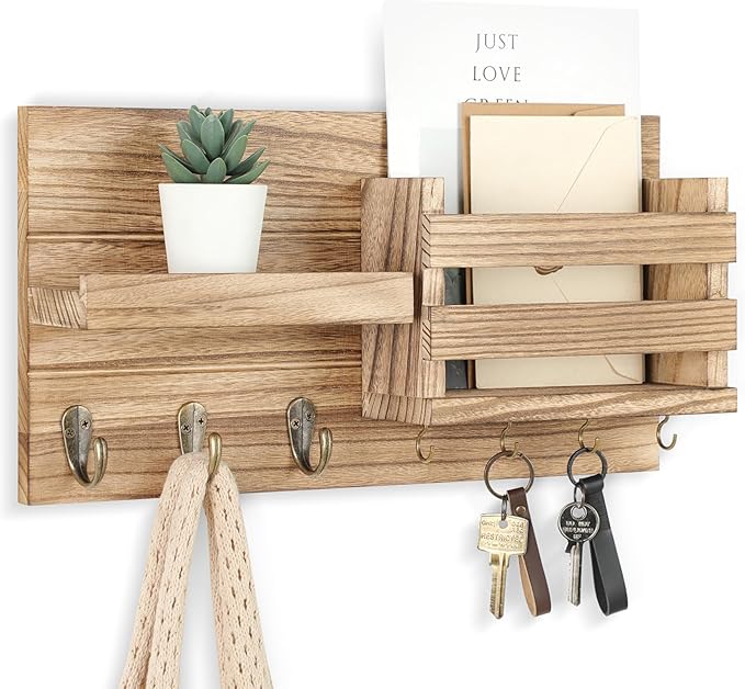 Lwenki Mail Organizer for Wall Mount – Key Holder with Shelf Includes Letter Holder and Hooks for Coats, Dog Leashes – Rustic