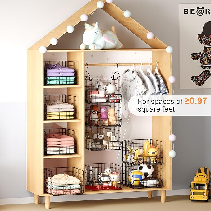 Sonyabecca 3-Tier Hanging Closet Organizer, Foldable Cabinet Wire Storage Basket Bins with 5 S Hooks, Closet Shelves & Hangin