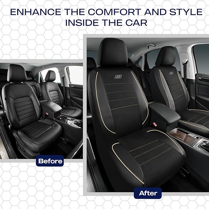 Skechers Air-Cooled Memory Foam Seat Cover, Mesh Thick Car Seat Covers,Piping Leather Car Seat Covers Front Seats, Airbag Com