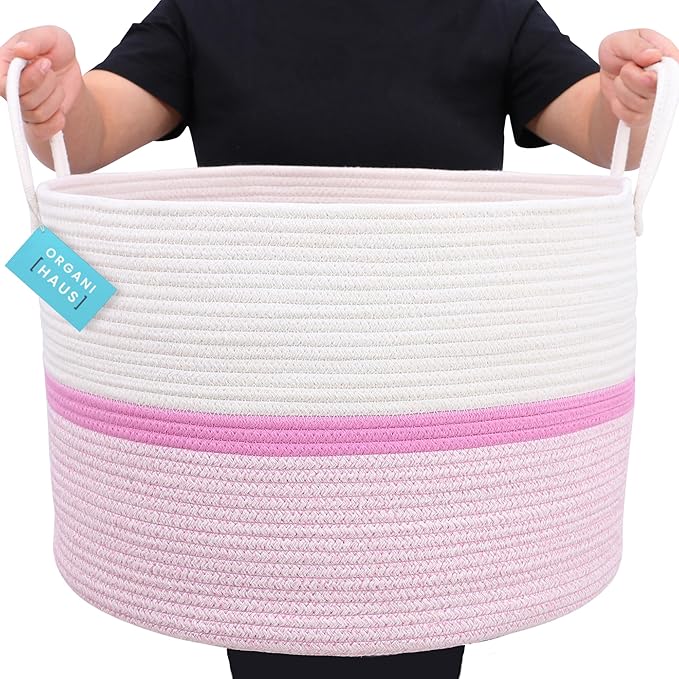 OrganiHaus Large Woven Storage Basket for Blankets and Toys 20" x 13" Inch, Rope Laundry Basket with Handles, Cushions & Pill