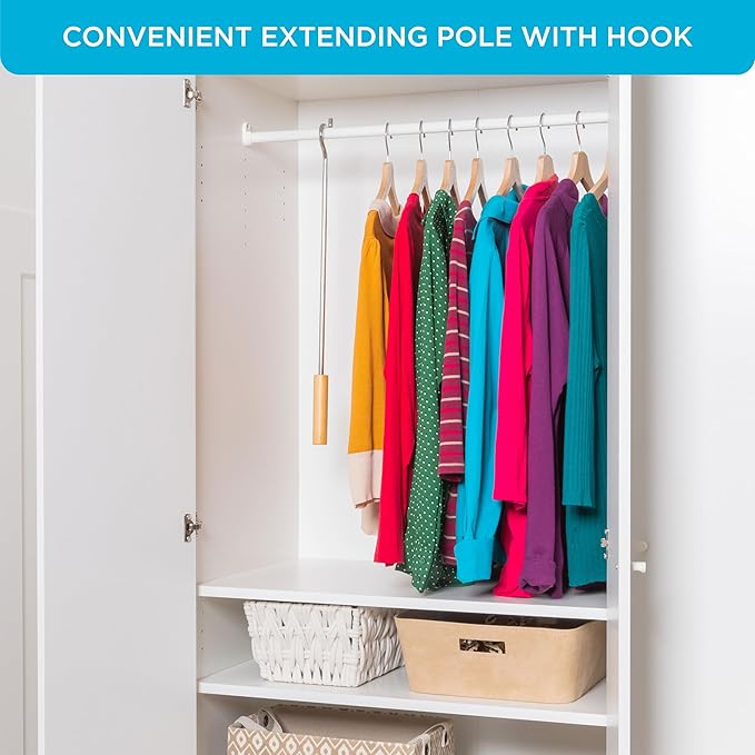Closet Reacher Pole with Hook and Wooden Handle, Heavy Duty - Adjustable 2.75-5 Feet, Chrome Plated Steel Clothing Hanger She