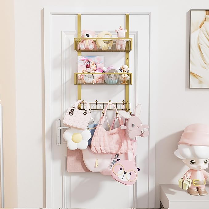 HapiRm Over The Door Hanger with Coat Hooks and 2 Baskets, Rustproof & Waterproof Over The Door Hooks, Storage Organizer for 