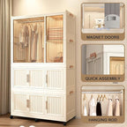 Portable Closet Wardrobe with Magnetic Doors, Foldable Armoire Wardrobe Closet with 1 Hanging Rod, 9 Cubes and 6 Hangers, Clo