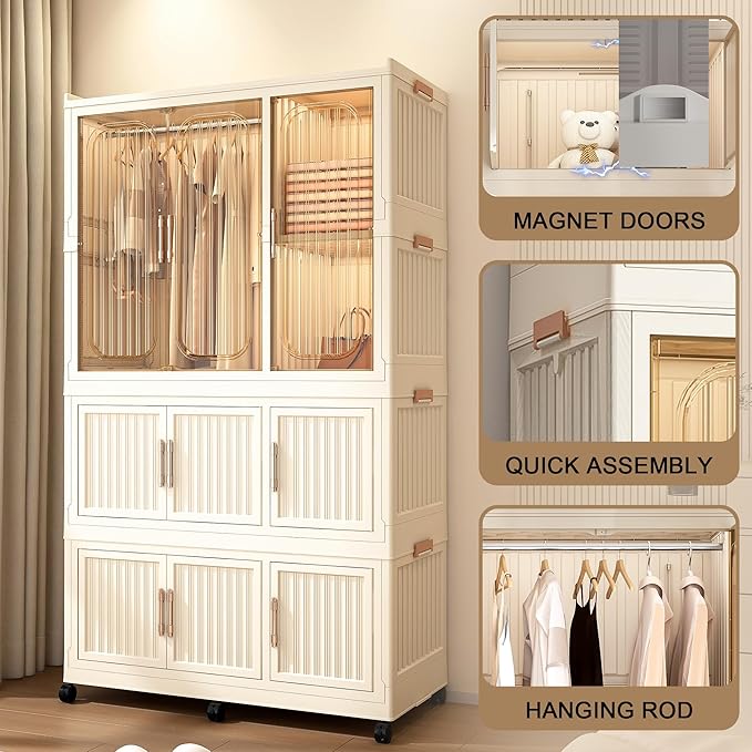 Portable Closet Wardrobe with Magnetic Doors, Foldable Armoire Wardrobe Closet with 1 Hanging Rod, 9 Cubes and 6 Hangers, Clo