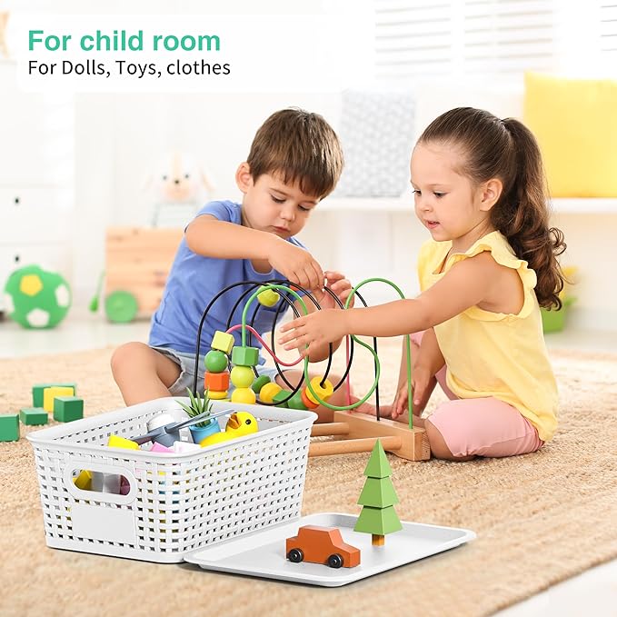 8-Pack White Plastic Storage Baskets with Lids, Label Organizers, Stackable Organizer Containers: For Organizing Shelves, Dra