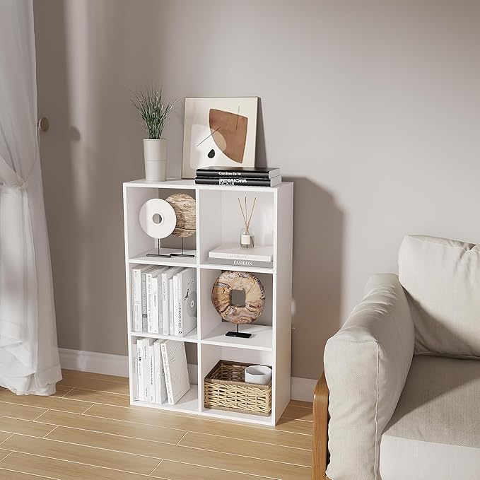 Cube Storage Organizer,Wood Organizer with Open Back,3 Tier Bookcase,Open Bookshelf for Home Office Living Room (White, 6-Cub