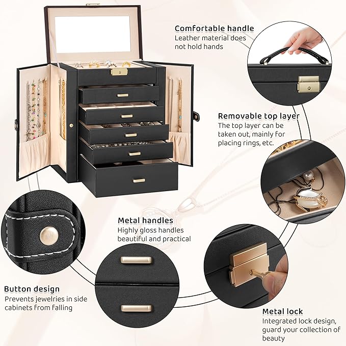 AKOZLIN Large 6-Tier Jewelry Box Lockable Leather Jewelry Storage Case with 5 Drawers for Women Girls Ring Necklace Earring B