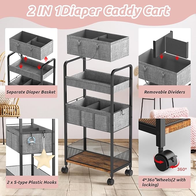LIDTOP 2In1 Baby Diaper Caddy & 3-Tier Rolling Diaper Cart, Diaper Caddy Organizer Cart with Dividers, Mobile Metal Utility C