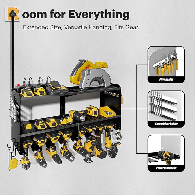 Spampur Power Tool Organizer Wall Mount with Charging Station, 15 Min Assembly & Maximum 420lb Load by Heavy Duty Metal, 8 Sl
