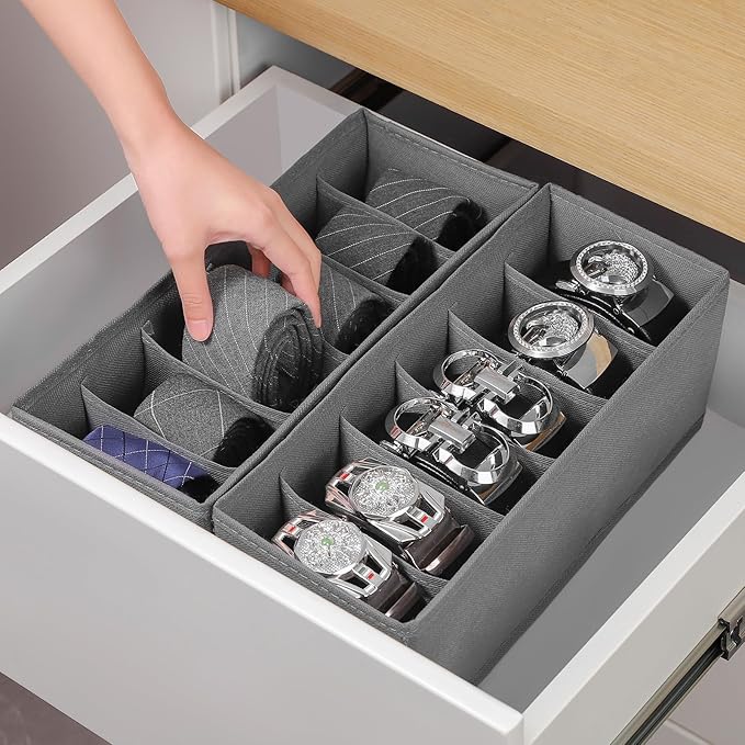 3 Packs Fabric Belt Organizer, 6 Grids Belt Organizer for Closet and Drawer, Foldable Dresser Drawer Organizers, Tie Storage 