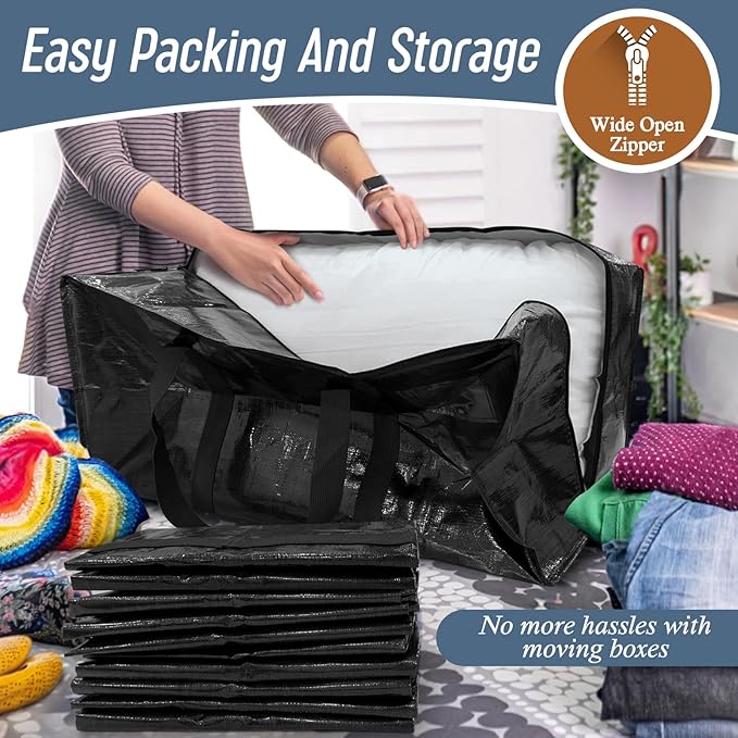 6 Pack Extra Heavy Duty Large Moving Bags with Strong Zipper & Comfortable Handles, Sturdy & Durable Clothes Storage Bags Tot