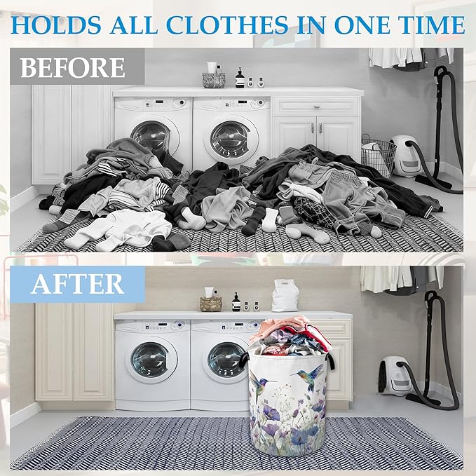 Hummingbird Flowers Laundry Basket Collapsible Laundry Hamper Clothes Toy Storage Bin for Bathroom Bedroom Room Decor 16" X 2