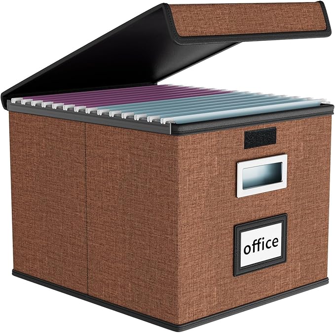 Huolewa Upgrade Portable File Organizer Box with Lid,Large Linen Hanging Office Document Storage Box with Lid,Collapsible Fil