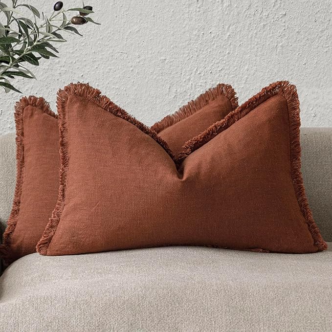 Foindtower Set of 2 Decorative Linen Fringe Throw Pillow Covers Farmhouse Cushion Cover with Tassels Lumbar Accent Pillowcase