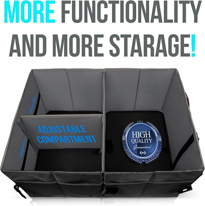 Car Trunk Organizer - Large Collapsible Storage Box with Adjustable Compartments - Heavy-Duty Cargo Organizer for SUV, Truck &