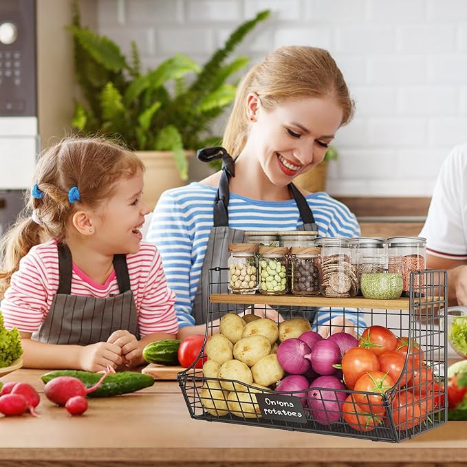3 Pack Extra Large Fruit Basket for Kitchen with Wood Lid Nameplate - Counter&Wall Mounted Onion and Potato Storage Bin, Stac