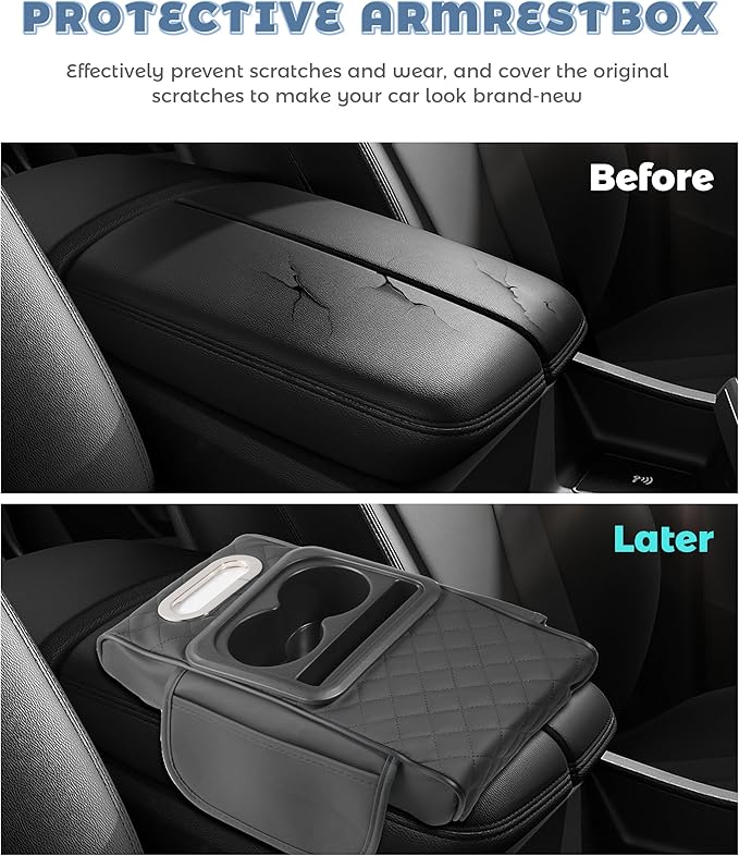 Car Armrest Storage Box,Car Accessories Console Organizers and Storage,Universal Waterproof Leather Console Cover with Cup Holder and Phone Holder,Suitable for Most Cars (Embroidered, Black)