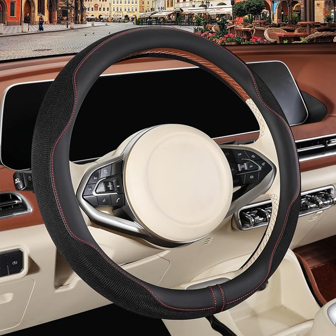 Nappa Leather Black Steering Wheel Cover, Advanced Microfiber Leather Non-Slip Breathable Fabric, Warm in Winter and Cool in 