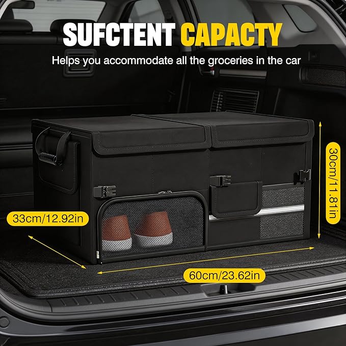 Foldable Car Trunk Organizer with Multi-Compartment - Expandable 30-60L Storage Bin, Side Mesh Pockets, Waterproof 600D Oxford