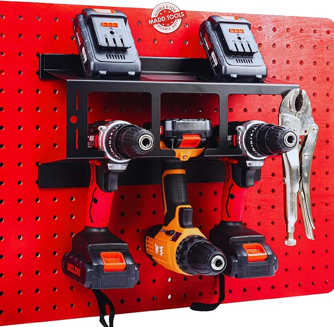 Heavy Duty Drill Holder for 1/4" Holes - Stores up to 3 Drills, Organizes on Pegboard, Includes Pegs and Hooks