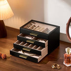 pickpiff Jewelry Box Organizer Case for Women: 4-Layer Jewelry Storage Case with Glass Window, Black Leather with Blush Velve