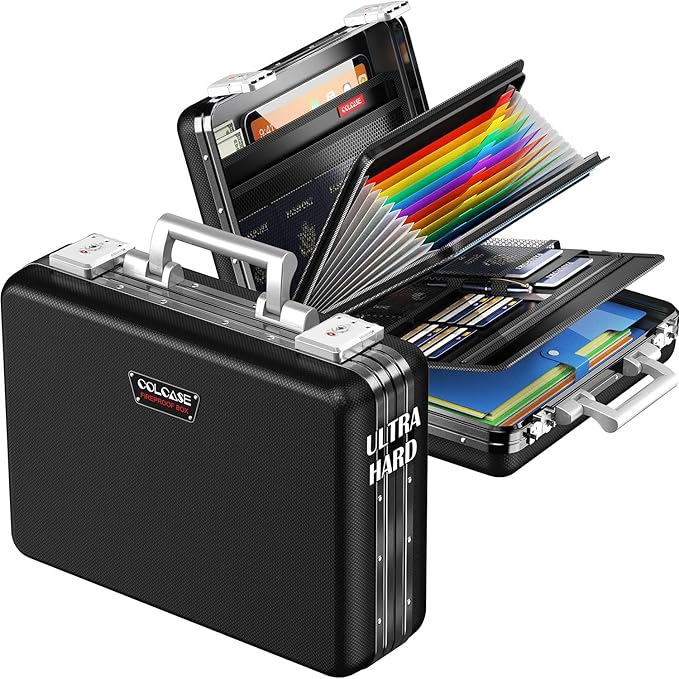 COLCASE Fireproof Document Box, Ultra Hard Case All-Around Fireproof Box with TSA Lock Aluminum Frame Zipperless Hard-Shell S