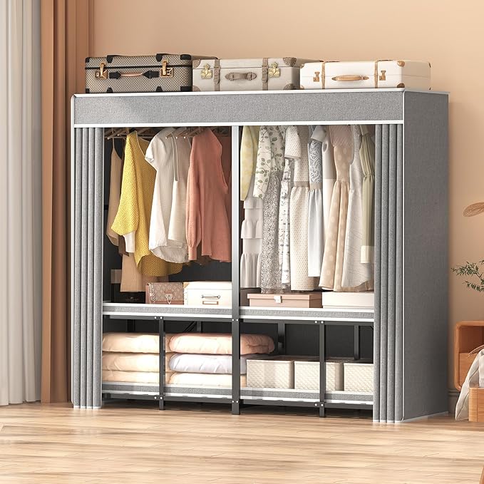 Foldable Wardrobe Closet, Clothes Rack with Cover for Bedroom, Portable Metal Closet Organizer, Thick Steel Tubes, Heavy Duty