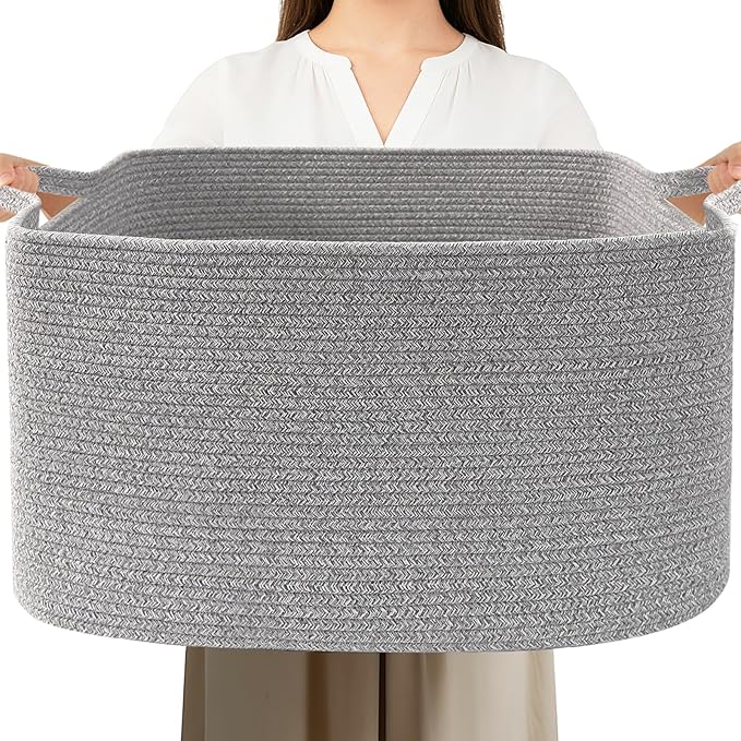 96L Large Blanket Basket,24"x16"x15"Rectangle Storage Bin with Handles,Woven Rope Laundry Basket for Toys, Clothes,Magazines,