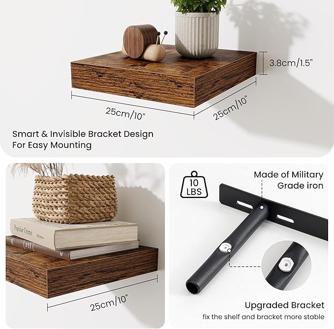 Fun Memories Floating Shelves for Wall - 10" x 10" Wood Shelf with Invisible Bracket - Deep Floating Shelves - 10 Inch Shelf 