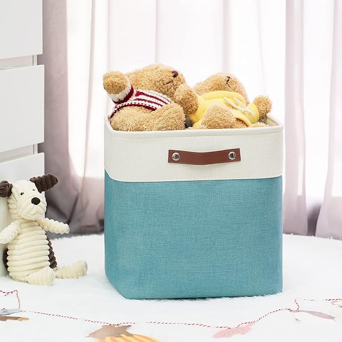 HNZIGE Foldable Storage Cubes & Baskets (3 Pack) - 13 Inch Storage Bin with Leather Handles for Toys, Clothes, Kids, Closet (
