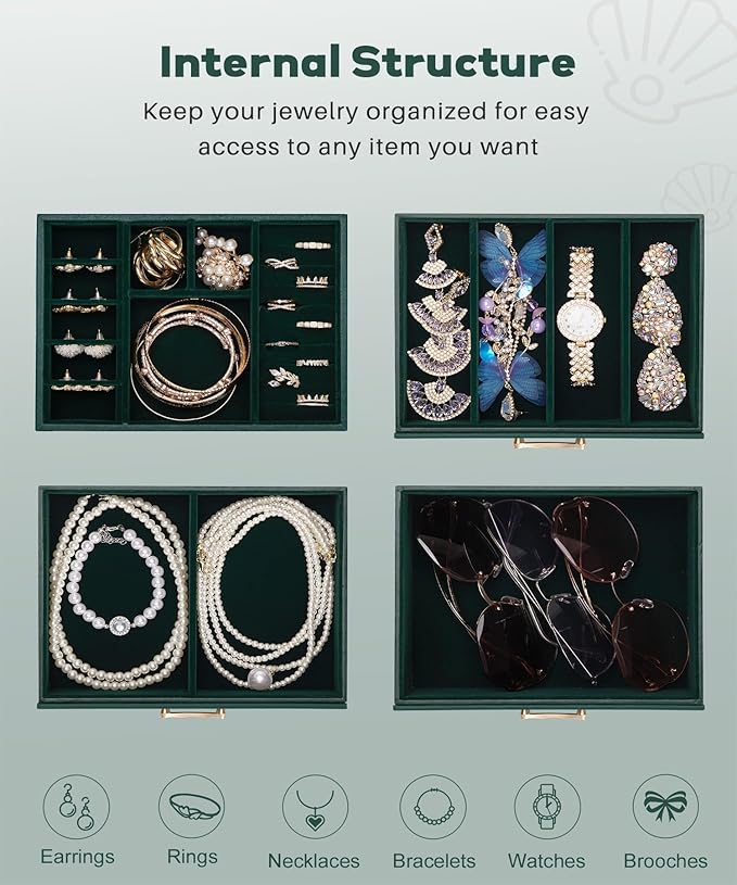 Enthralite Jewelry Box with 3 Drawers: Display Organizer for Earrings Necklaces - Gifts for Girls Women (Forest Green)