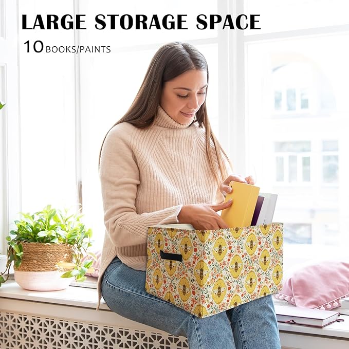 Rectangular Bees Florals Storage Basket Organizer Bins With Handles,Cute Collapsible Flower Nursery Storage Bin Rectangle Con