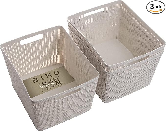 BINO Woven Plastic Basket | Large (Natural), 3-Pack | THE JUTE COLLECTION | Home Organization, Space-Saving Storage, Stylish 
