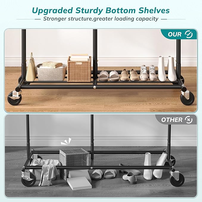 Raybee Clothes Rack Heavy Duty 450LBS, Clothing Racks for Hanging Clothes 200+, Metal Clothing Rack with Wheels, Rolling Comm
