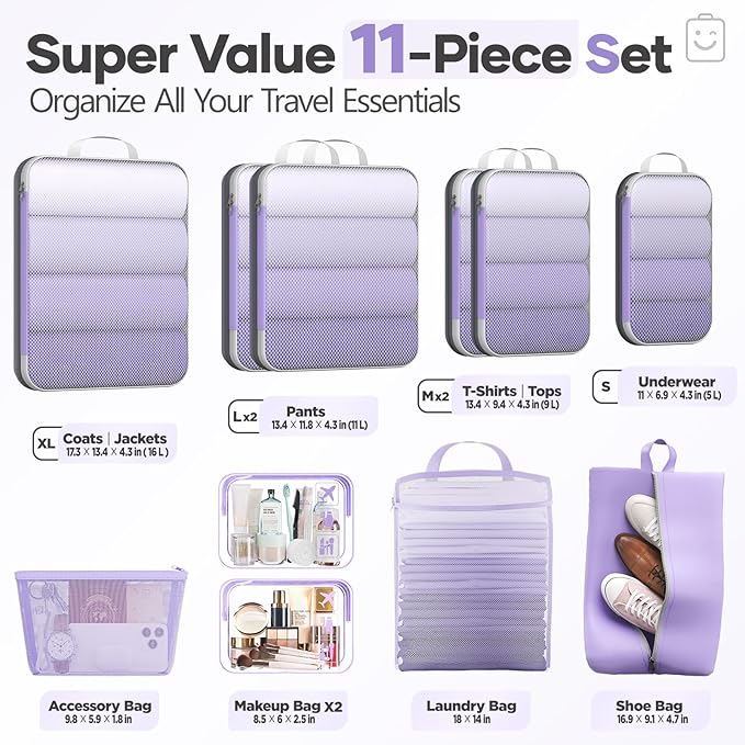 Veken 11 Set Compression Packing Cubes for Travel Essentials,Compressible Expandable Large Luggage Suitcase Organizer Bags fo