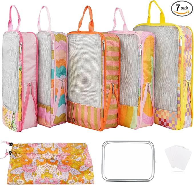 7 Pcs Compression Packing Cubes for Travel Luggage, Lightweight Suitcase Organizer Bags Set, Compression Packaging Cube for T