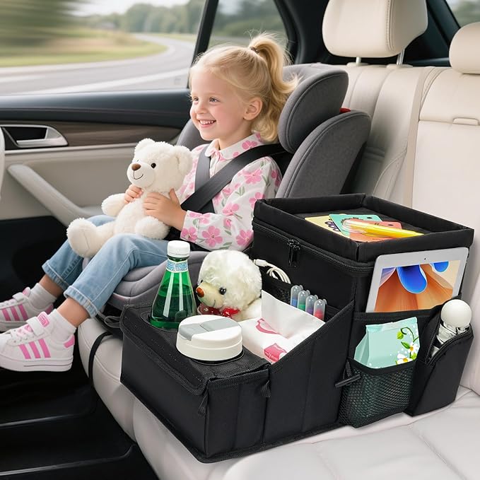 Backseat Organizer for Kids and Passenger Seat Organizer for Adults - Car Seat Cooler and Warmer with Cup Holders and Convertible Tray Lid(Black)