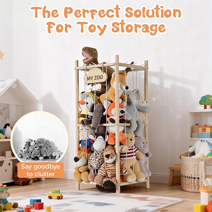 LAMU Stuffed Animal Storage Zoo, Wooden Stuffed Animals Organizer & Holder for Kids with Elastic Cords, Space Saving Plushies