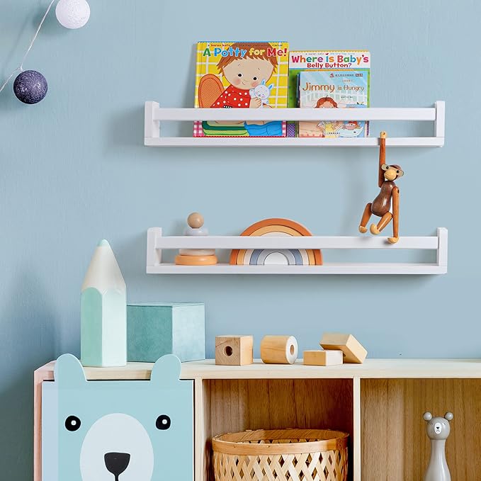 Fun Memories Nursery Book Shelves - Rustic Natural Solid Wood Floating Bookshelf for Kids - Wall Book Shelves for Kids Room (