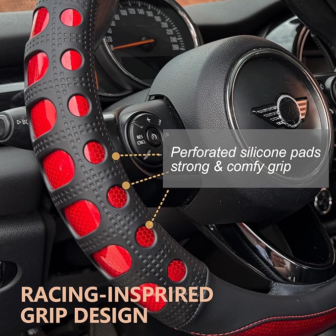 PINCTROT Large Size Race Grip Steering Wheel Cover, Anti-Slip Silicone Perforated Design with Soft Touch Padding, Enhanced Grip for Sporty Driving 15.5-15.75 Inch (Racing Red)