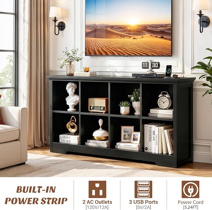Aheaplus Wooden 8-Cube Storage Organizer with Charging Ports, Modern Cube Bookcase with Base, 3-Tier Floor Standing Open Cubb